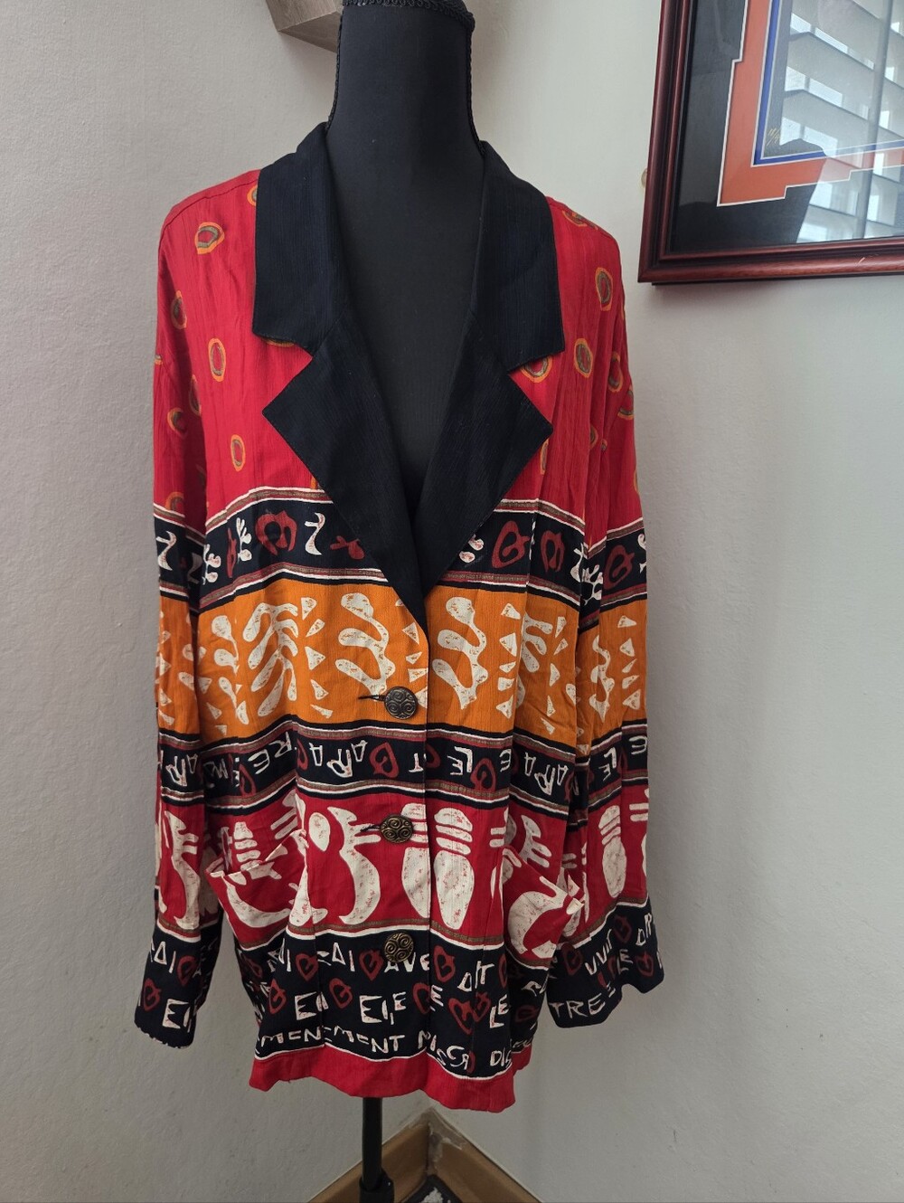 Carole Little Red & Orange Printed Blazer with Black Lapel Vintage Boho Artsy 12